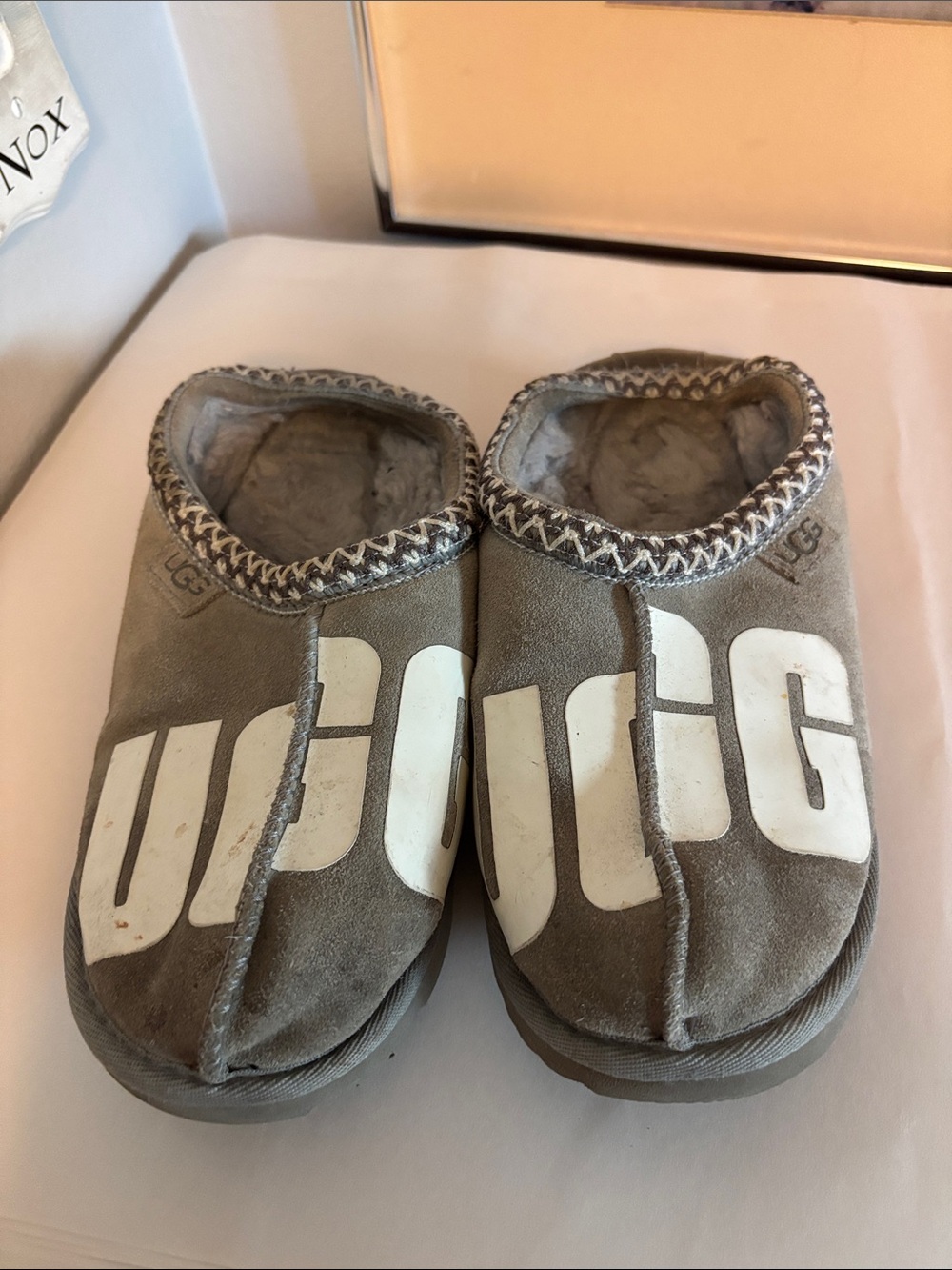 Quiet Luxury Loungewear UGG Taupe Suede Logo Slip-On Slippers US 4
